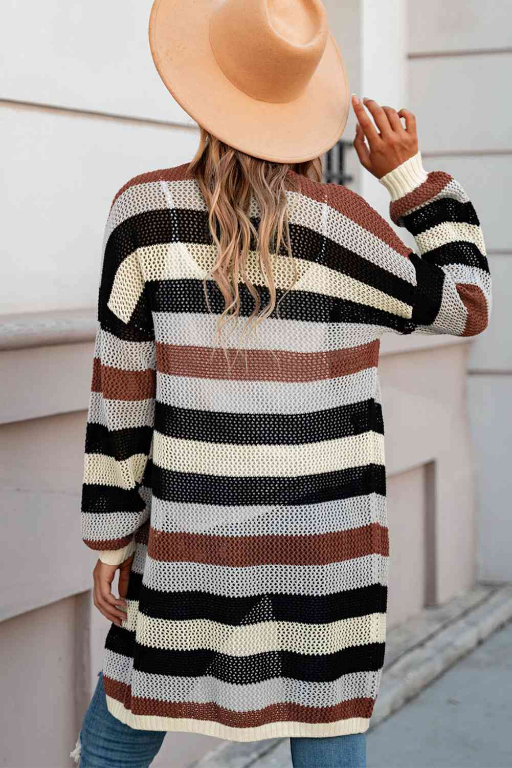 Full Size Striped Long Sleeve Openwork Cardigan - TRENDMELO