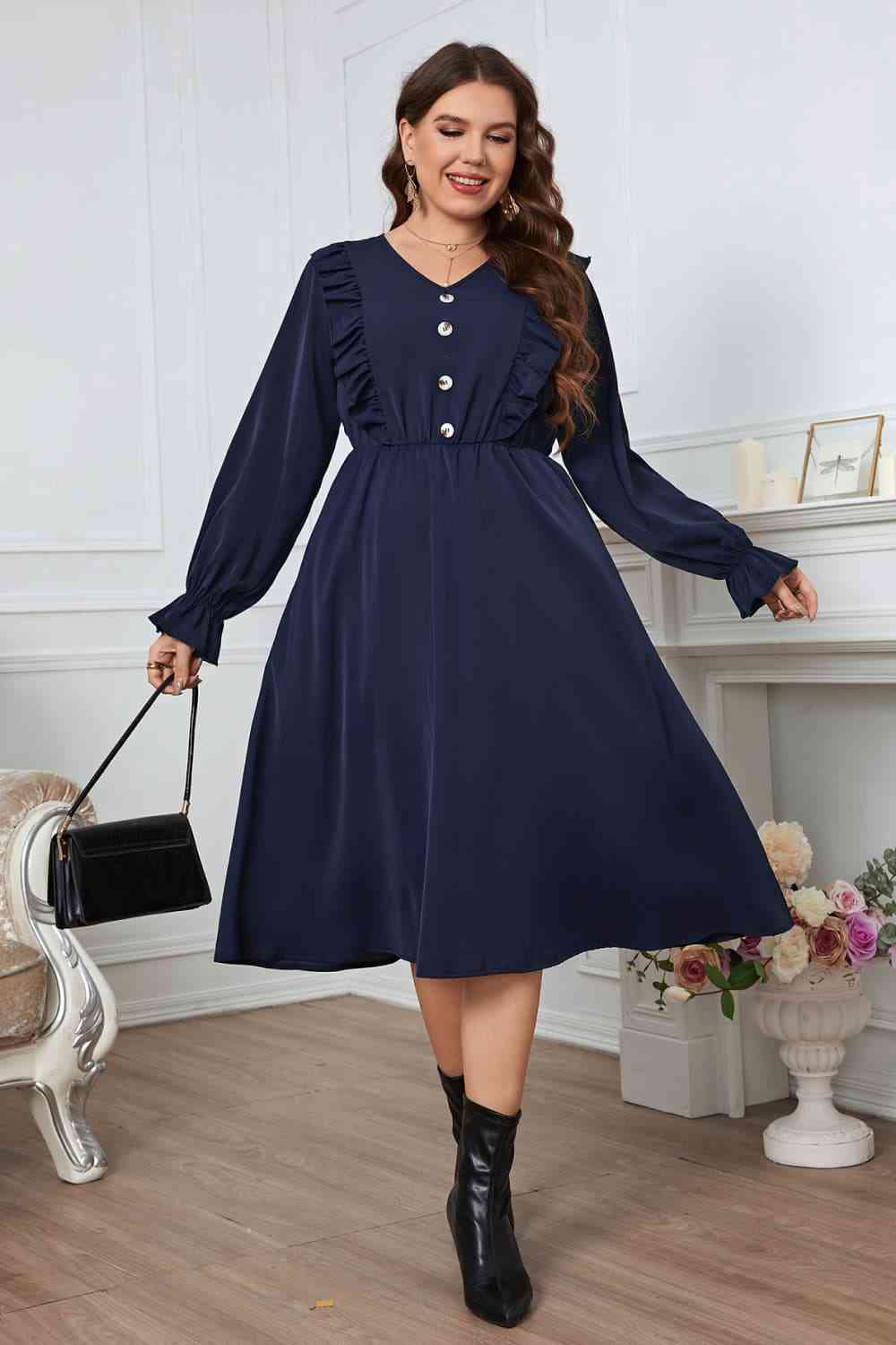 Melo Apparel Plus Size V-Neck Buttoned Flounce Sleeve Dress - TRENDMELO