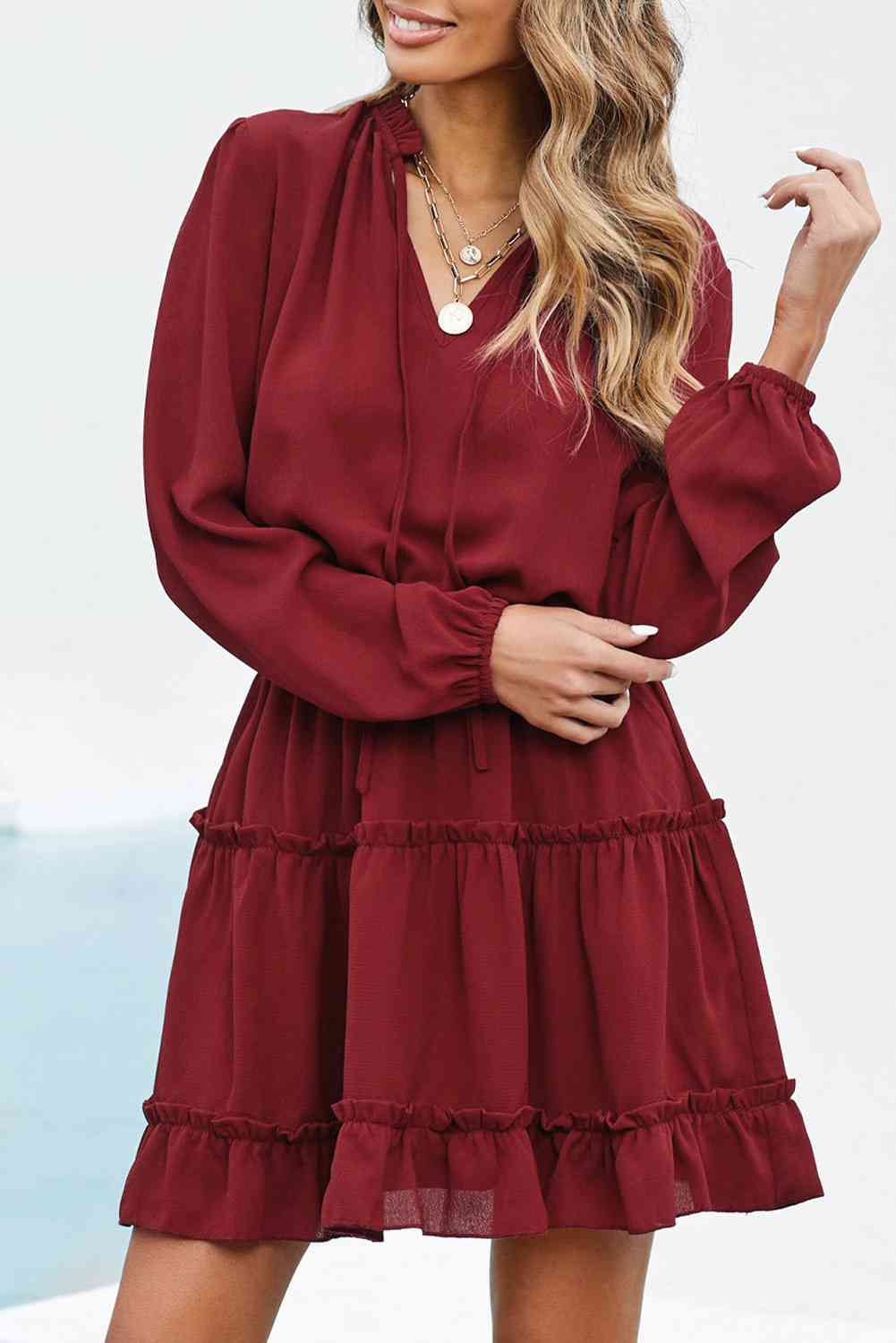 Tied Frill Trim Puff Sleeve Mini Dress - TRENDMELO