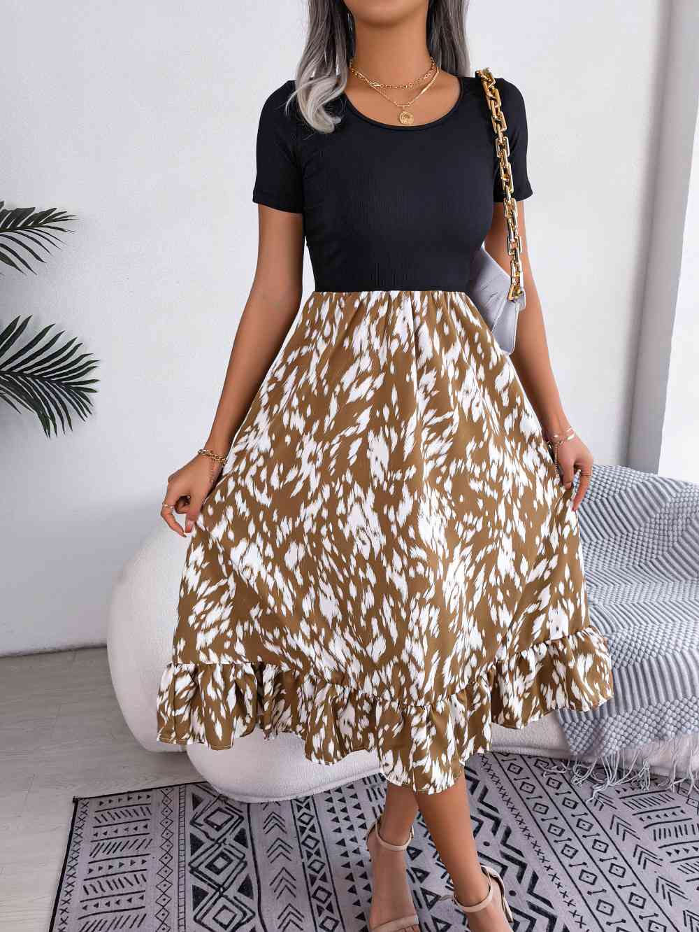 Printed Round Neck Ruffle Hem Dress - TRENDMELO