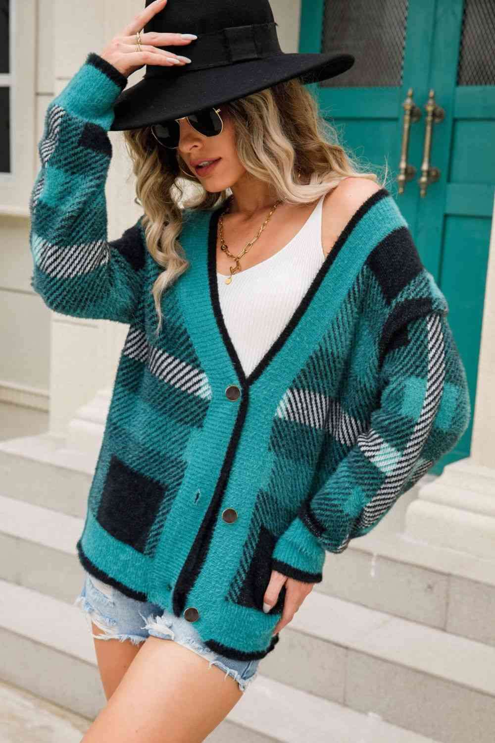 Striped Button-Front Fuzzy Cardigan - TRENDMELO