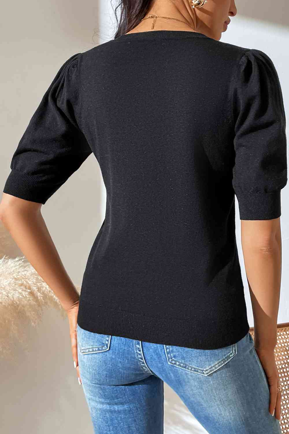 Round Neck Puff Sleeve Knit Top - TRENDMELO