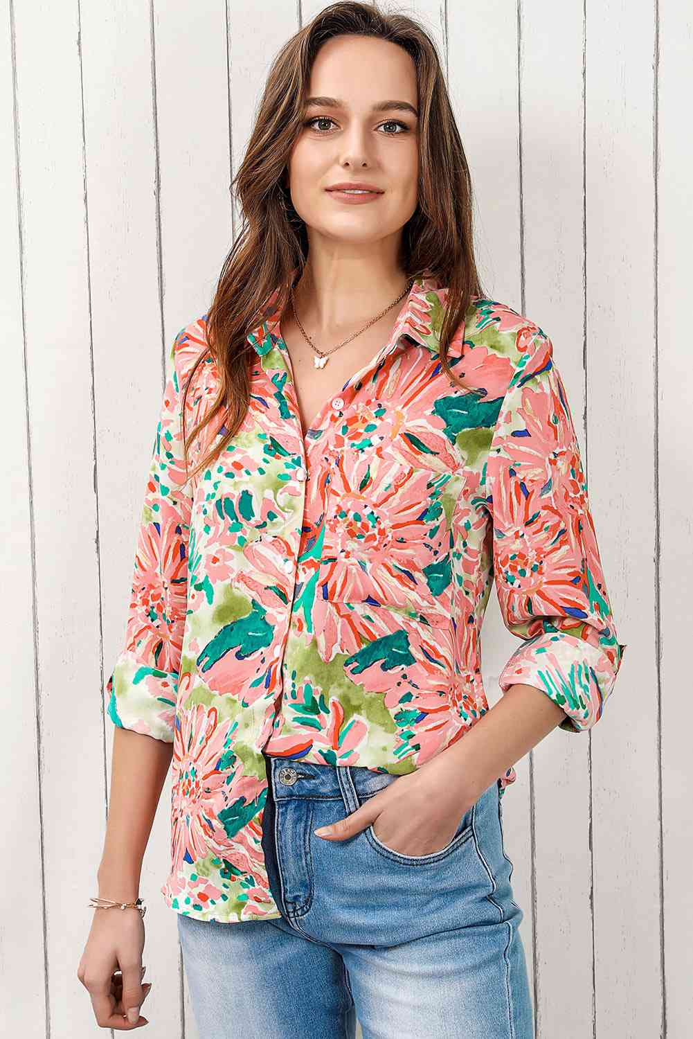 Double Take Floral Long Sleeve Collared Shirt - TRENDMELO