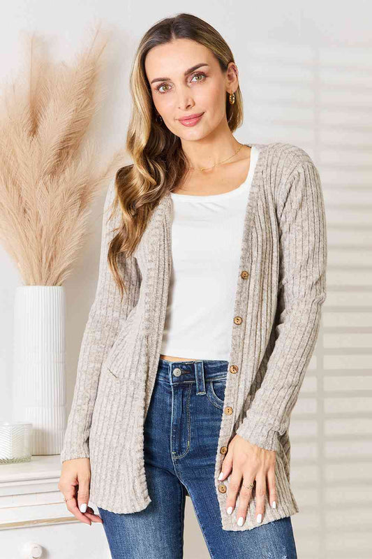 Double Take Ribbed Button-Up Cardigan with Pockets - TRENDMELO