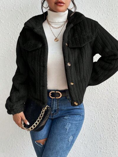 Fuzzy Button Up Collared Neck Jacket - TRENDMELO