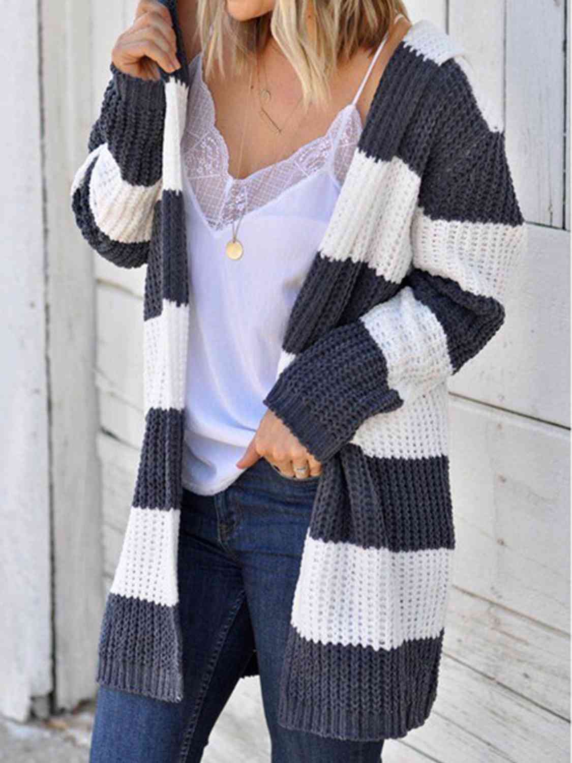 Striped Open Front Hooded Cardigan - TRENDMELO