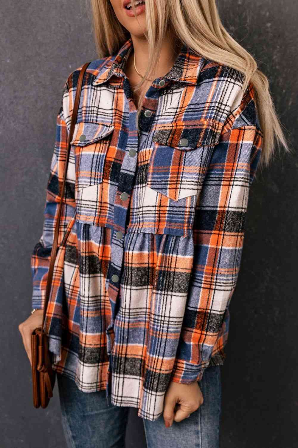 Plaid Button-Front Peplum Shirt - TRENDMELO