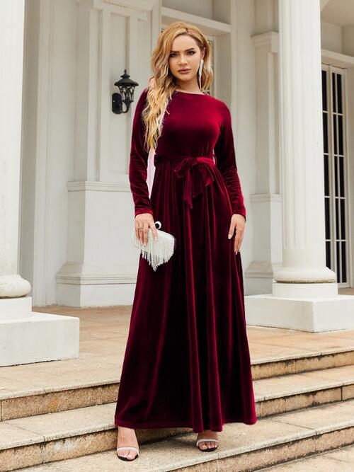 Tie Front Round Neck Long Sleeve Maxi Dress - TRENDMELO