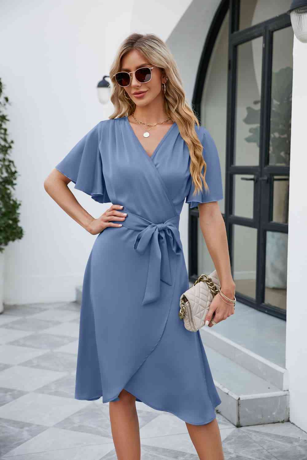 Tie Waist Flutter Sleeve Surplice Dress - TRENDMELO