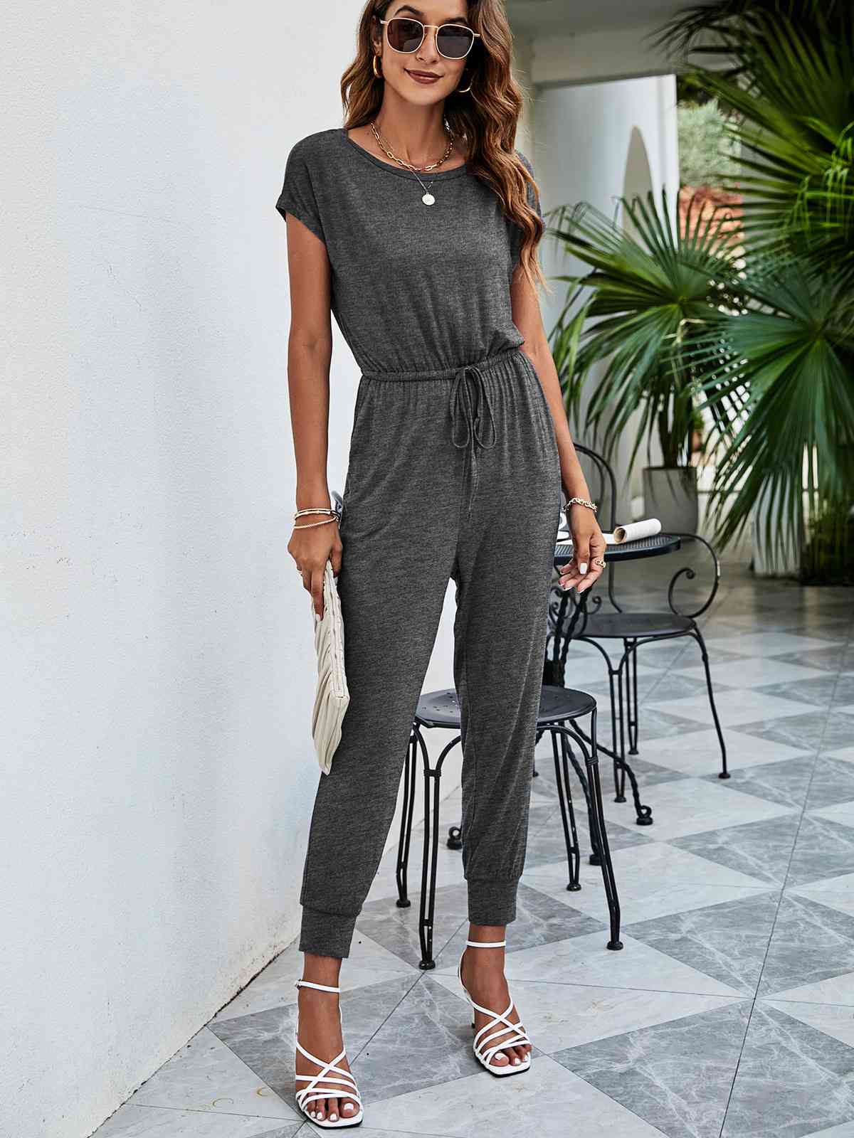 Drawstring Waist Short Sleeve Jogger Jumpsuit - TRENDMELO