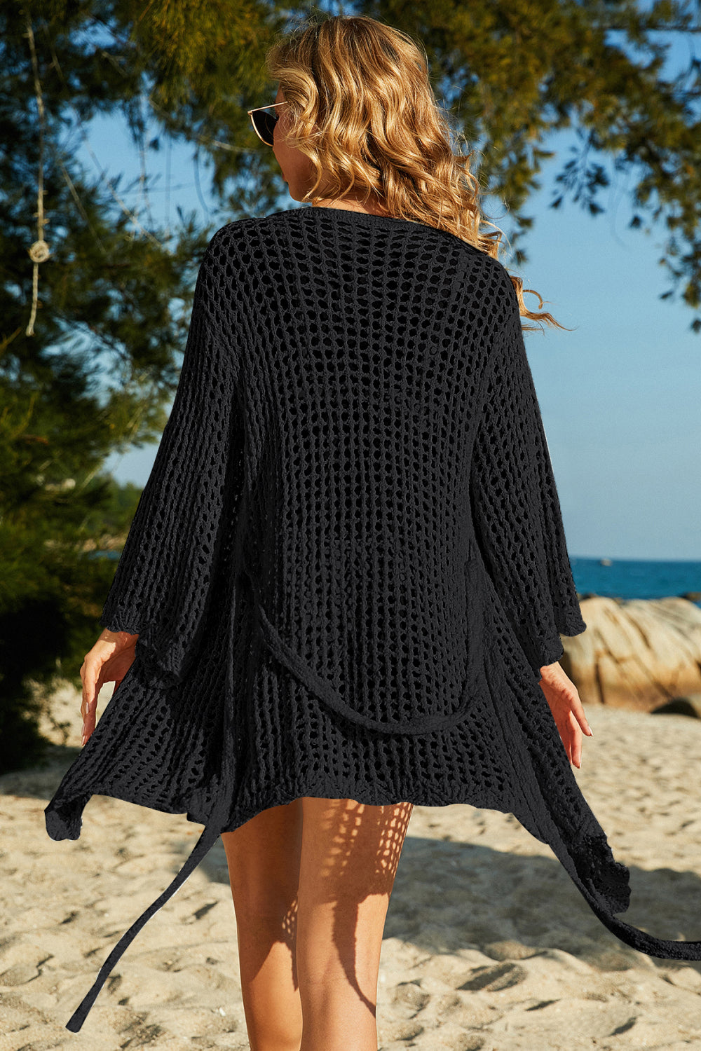 Tie-Waist Openwork Crochet Cover Up - TRENDMELO