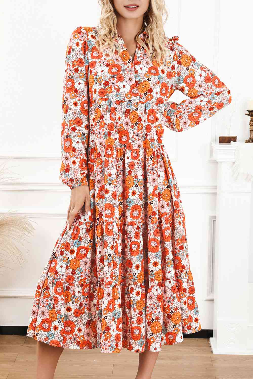 Floral Notched Neck Long Sleeve Dress - TRENDMELO