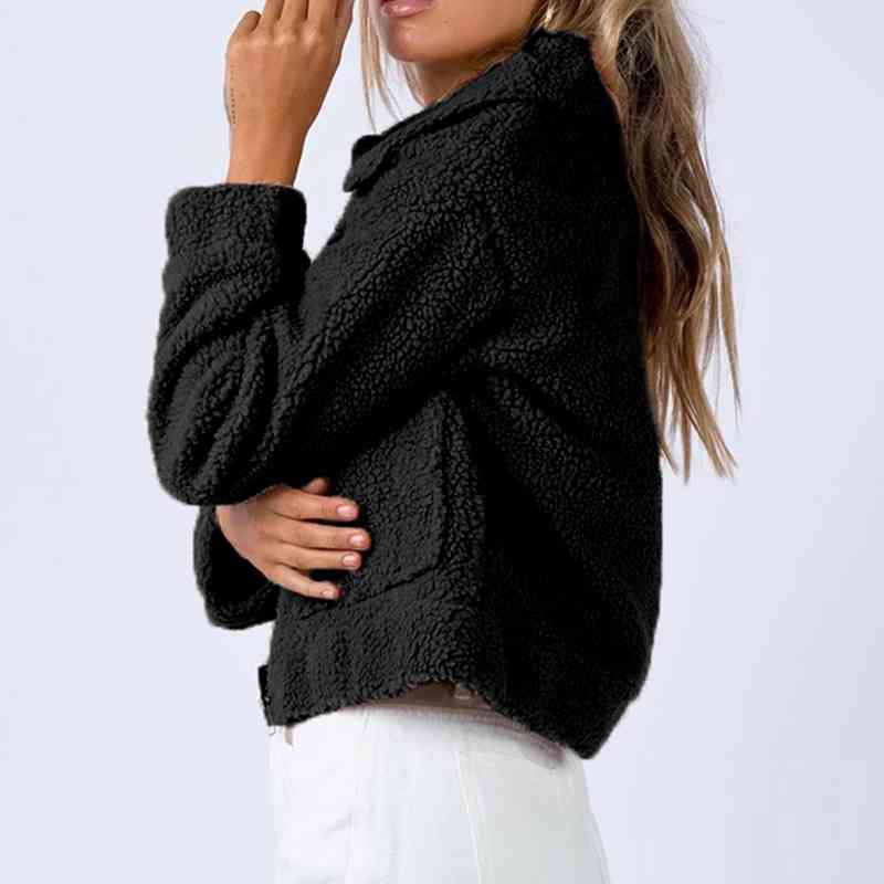 Long Sleeve Collared Neck Sherpa Jacket - TRENDMELO