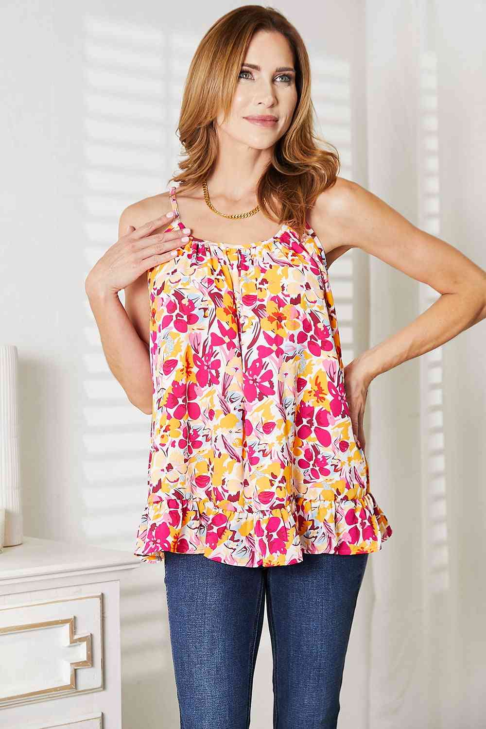 Double Take Floral Scoop Neck Ruffle Hem Cami - TRENDMELO