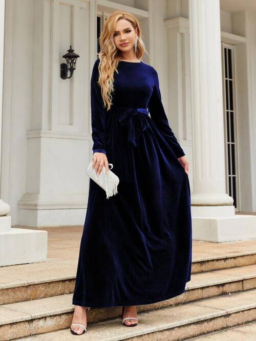 Tie Front Round Neck Long Sleeve Maxi Dress - TRENDMELO