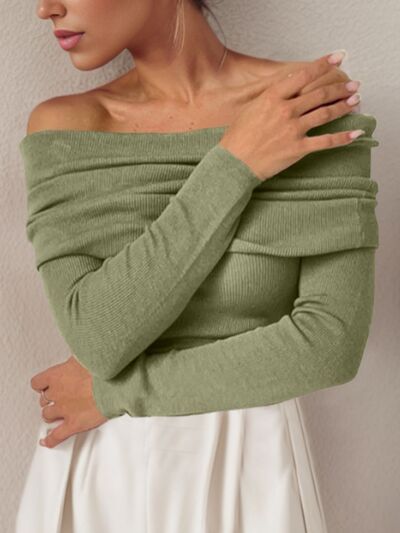 Off-Shoulder Long Sleeve Sweater - TRENDMELO