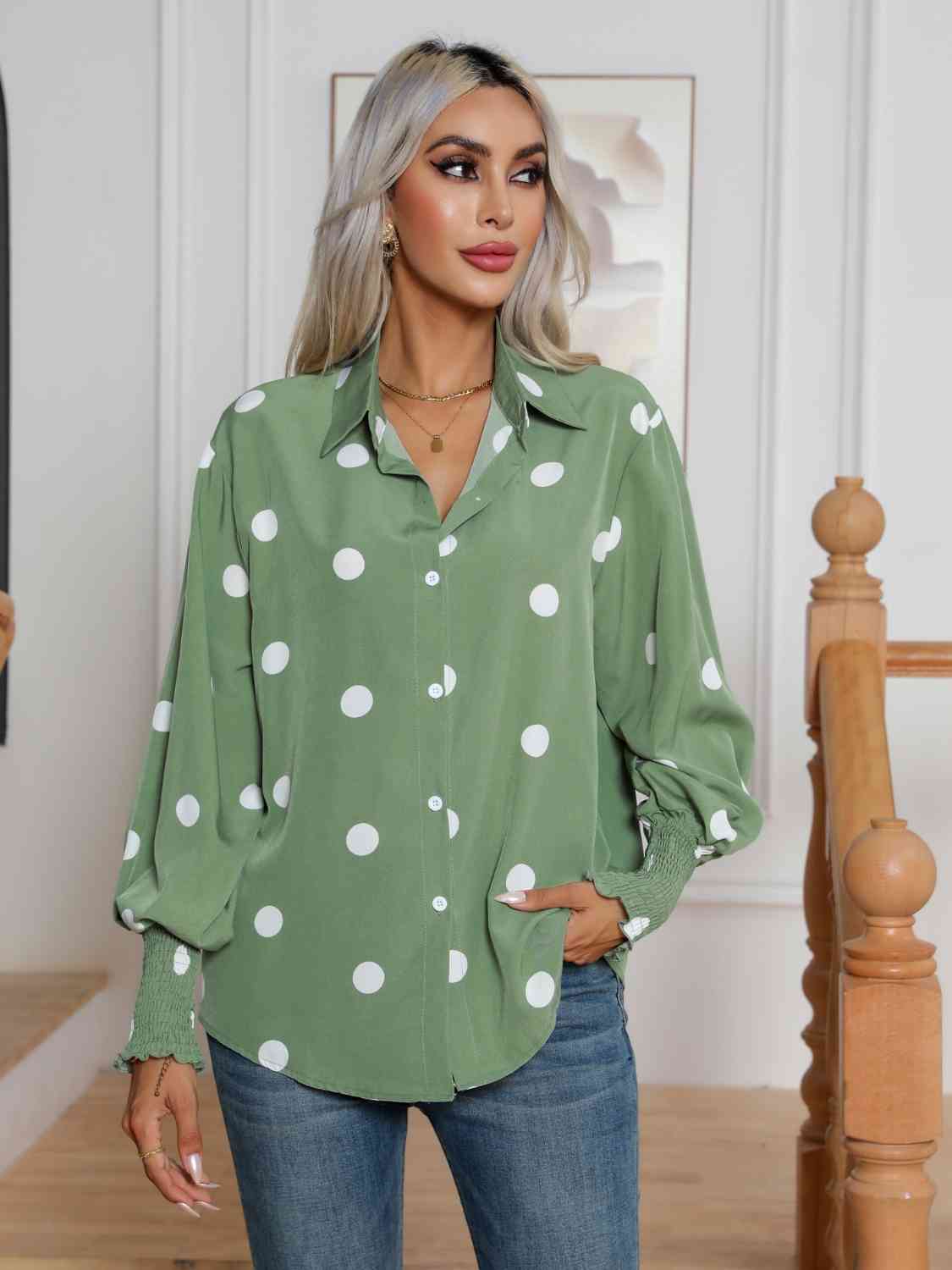 Polka Dot Collared Neck Buttoned Lantern Sleeve Shirt - TRENDMELO