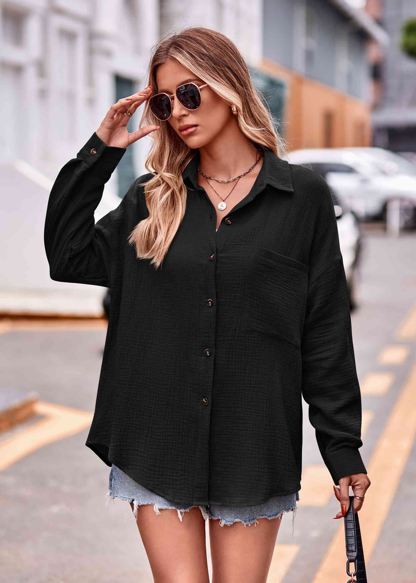 Textured Dropped Shoulder Longline Shirt - TRENDMELO