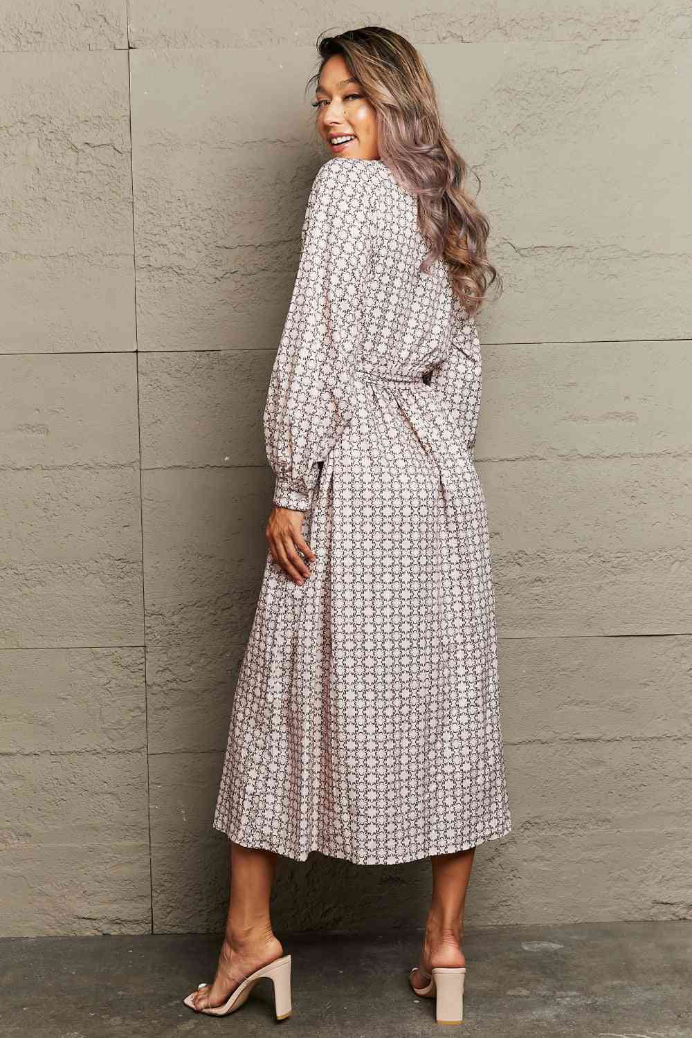 Printed Tie Waist Long Sleeve Dress - TRENDMELO