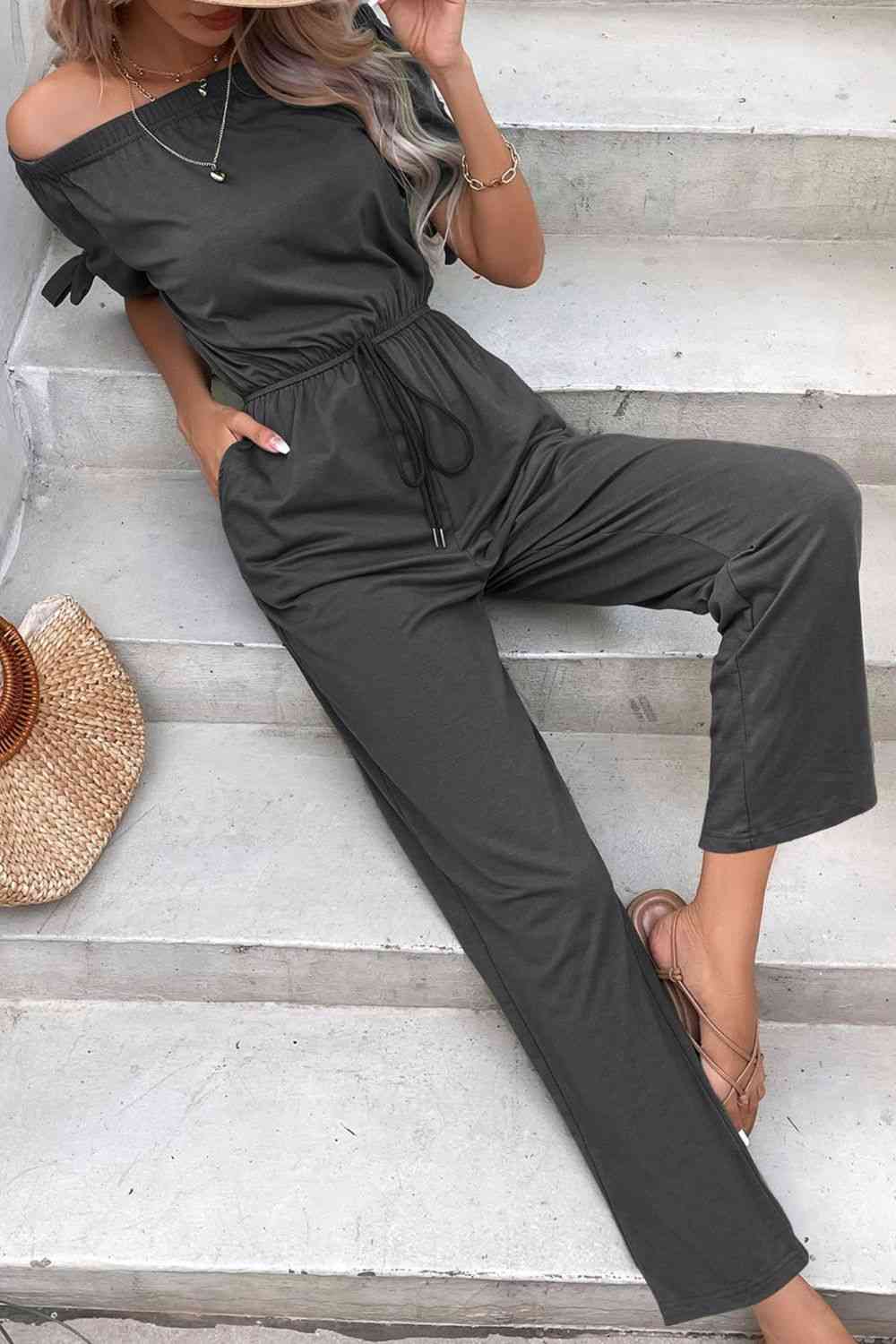 Off-Shoulder Tie Cuff Jumpsuit with Pockets - TRENDMELO