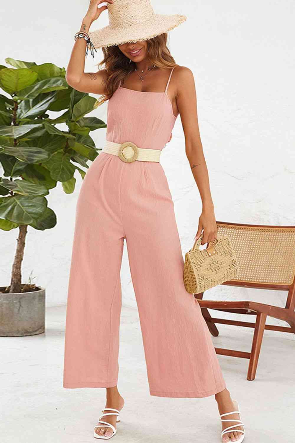 Cutout Spaghetti Strap Tie Back Wide Leg Jumpsuit - TRENDMELO