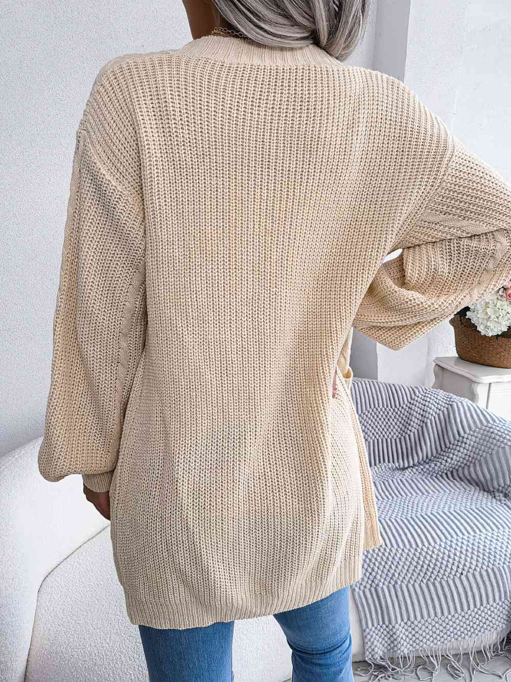 Cable-Knit Open Front Pocketed Cardigan - TRENDMELO