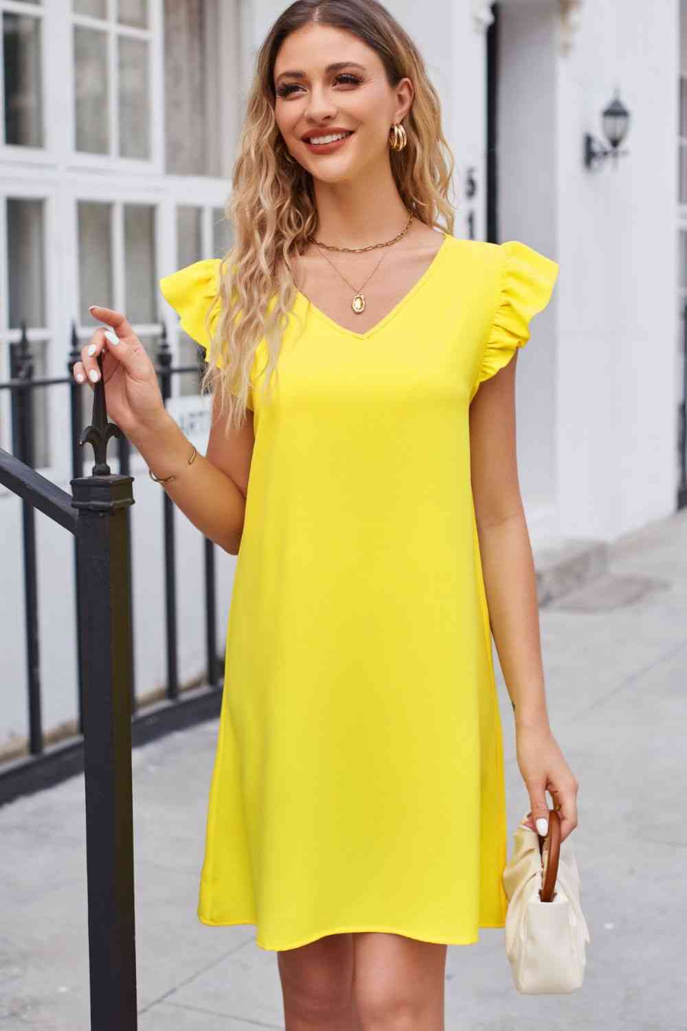 Ruffled V-Neck Flutter Sleeve Dress - TRENDMELO