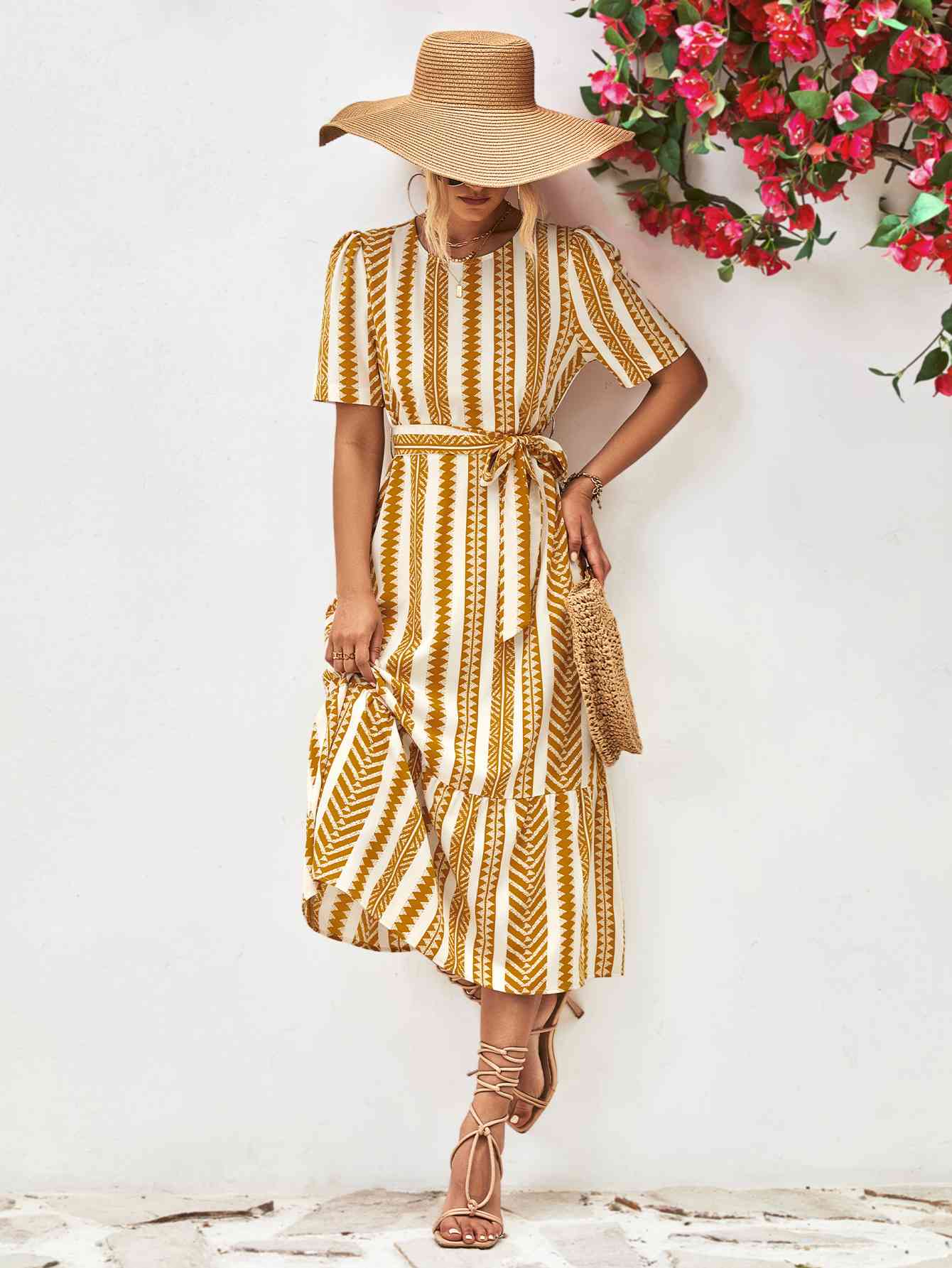 Striped Tie Belt Round Neck Puff Sleeve Dress - TRENDMELO