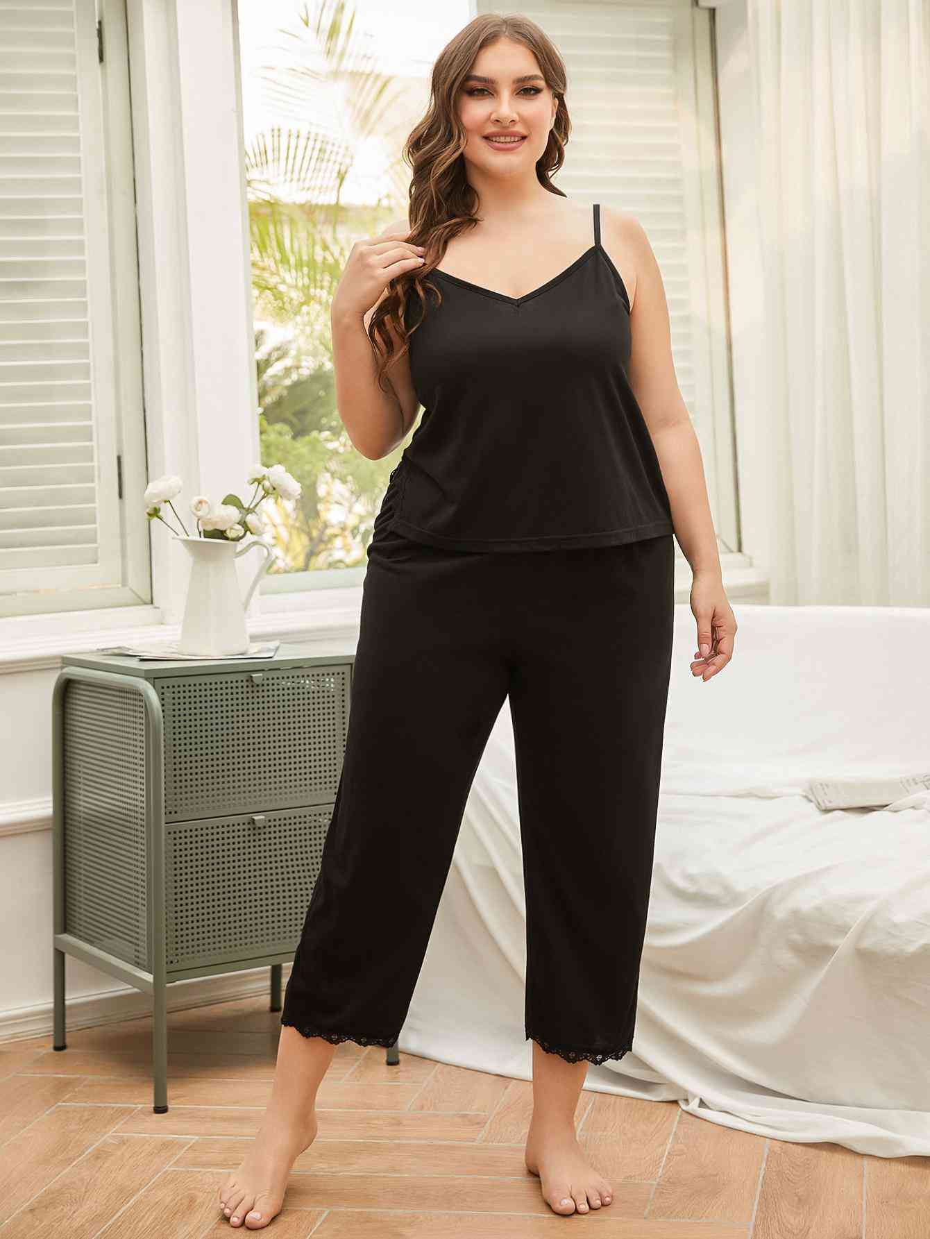 Plus Size Lace Trim Slit Cami and Pants Pajama Set - TRENDMELO