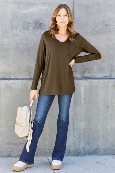 Basic Bae Full Size V-Neck Long Sleeve Top - TRENDMELO