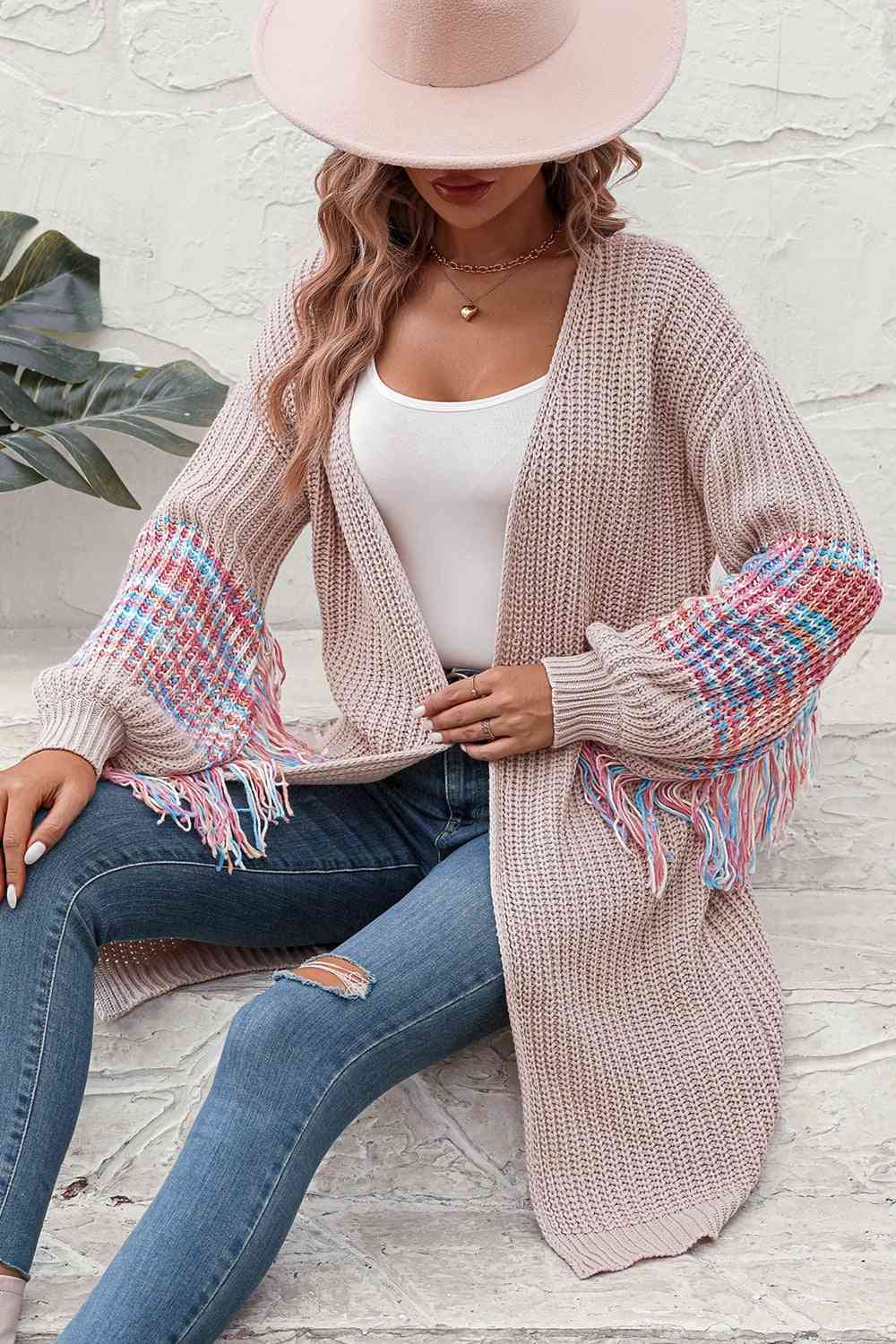 Fringe Sleeve Dropped Shoulder Cardigan - TRENDMELO