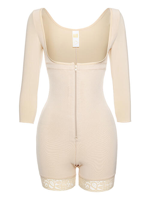 Full Size Zip Up Lace Detail Long Sleeve Shapewear - TRENDMELO