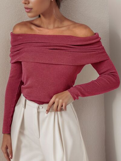 Off-Shoulder Long Sleeve Sweater - TRENDMELO