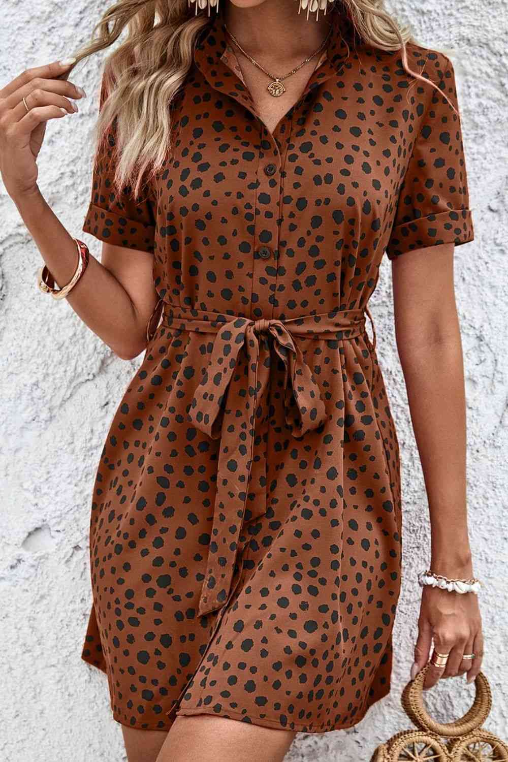 Dotted Short Sleeve Tie Belt Dress - TRENDMELO