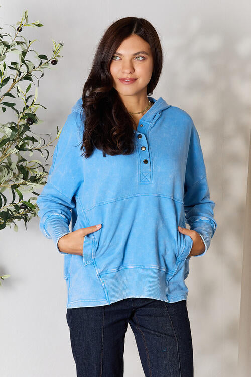 Zenana Half Snap Long Sleeve Hoodie with Pockets - TRENDMELO