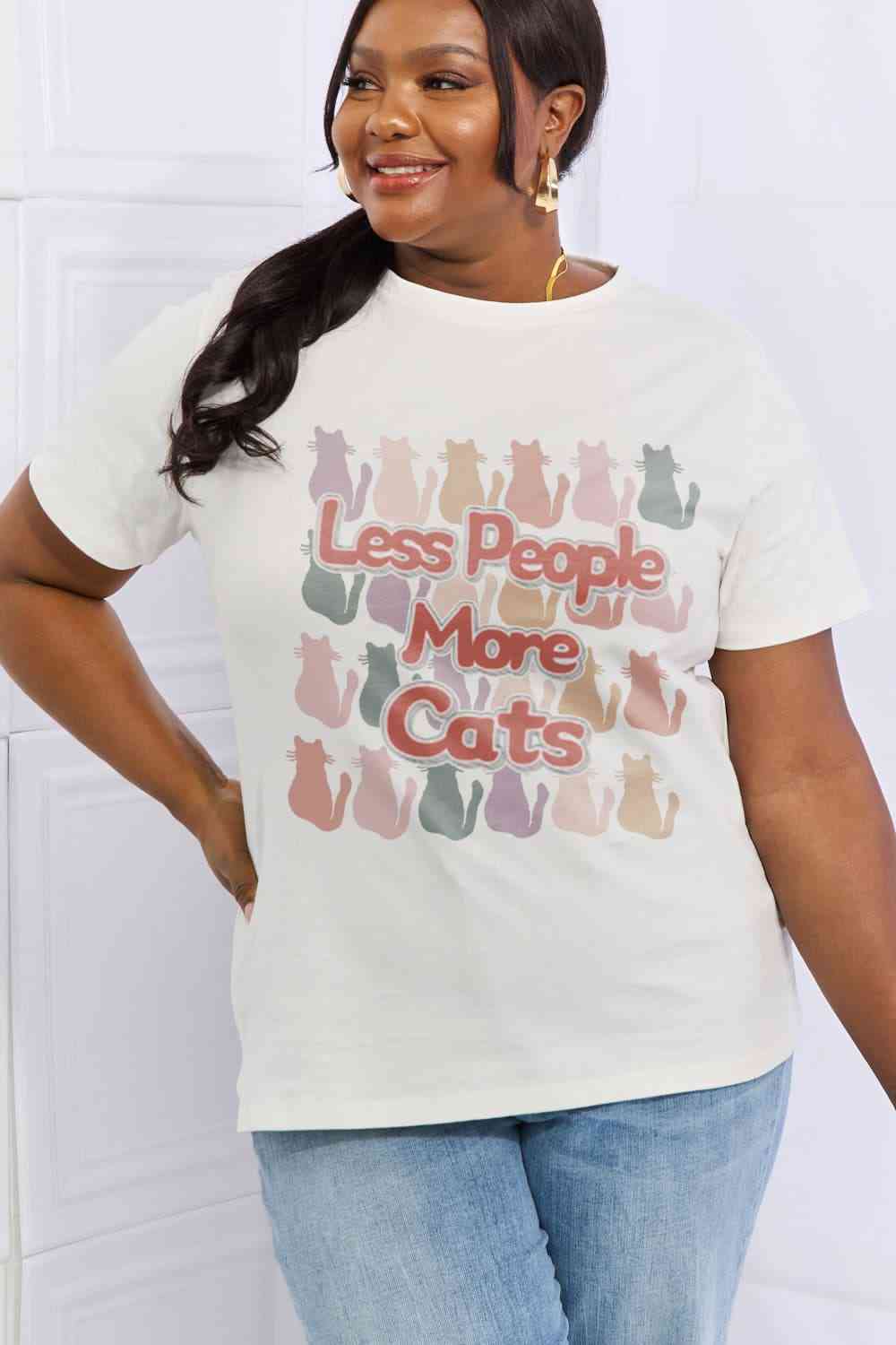 Simply Love Full Size LESS PEOPLE MORE CATS Graphic Cotton Tee - TRENDMELO