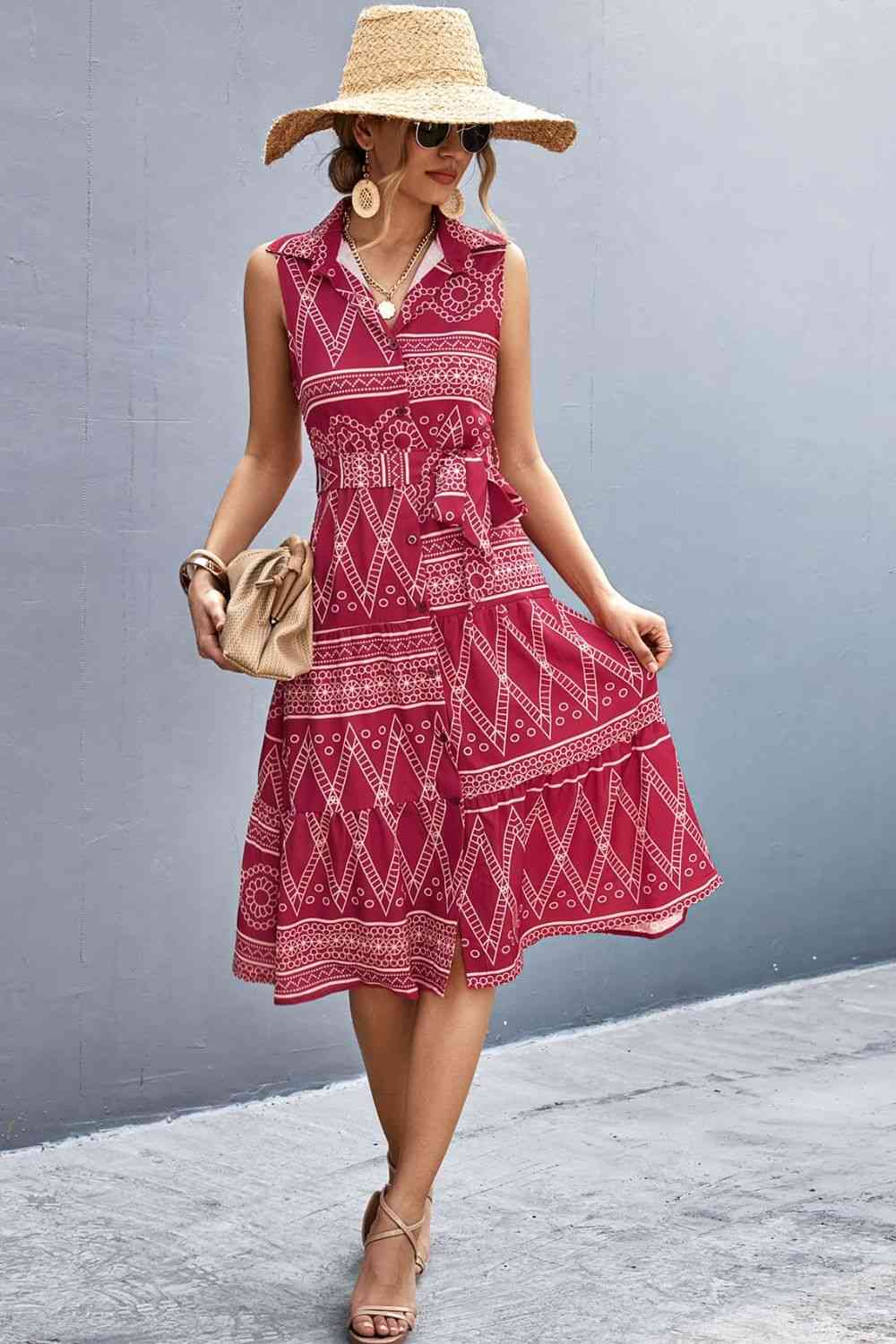 Printed Button Front Tie-Waist Sleeveless Collared Dress - TRENDMELO