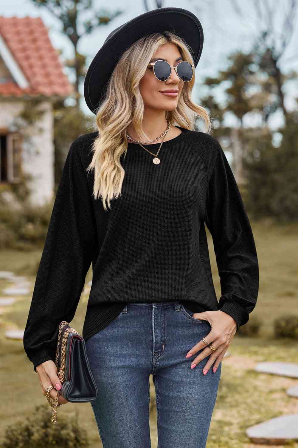 Round Neck Raglan Sleeve Sweatshirt - TRENDMELO