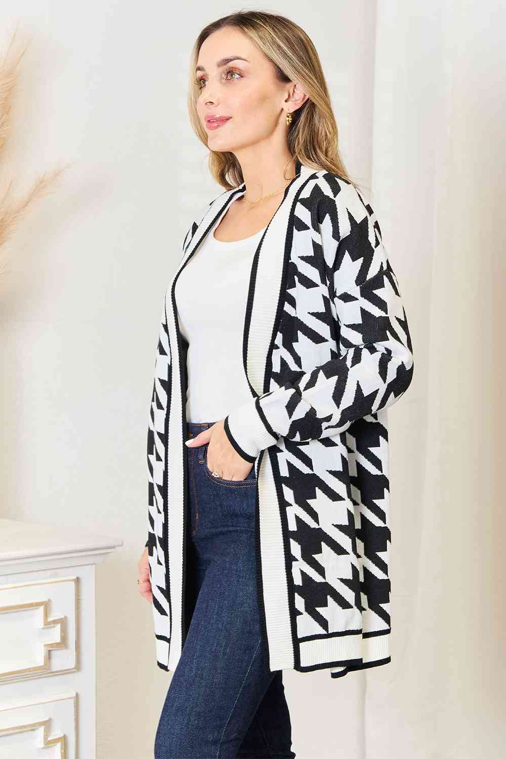 Woven Right Houndstooth Open Front Longline Cardigan - TRENDMELO