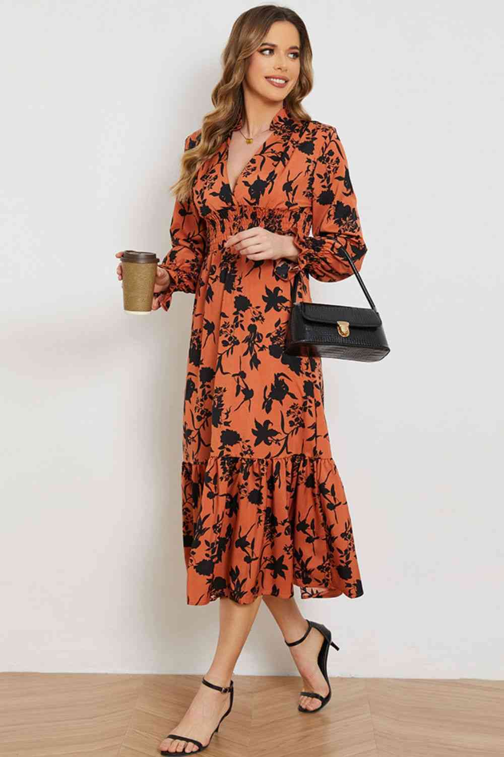 Floral Smocked Long Flounce Sleeve Dress - TRENDMELO