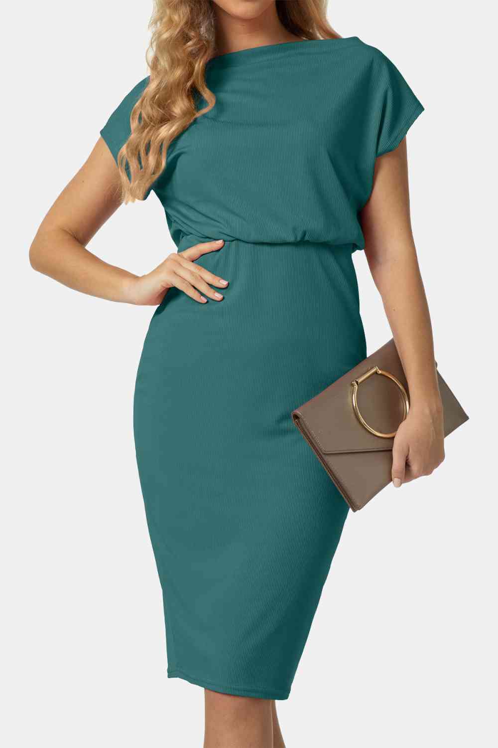 Boat Neck Short Sleeve Knee-Length Dress - TRENDMELO