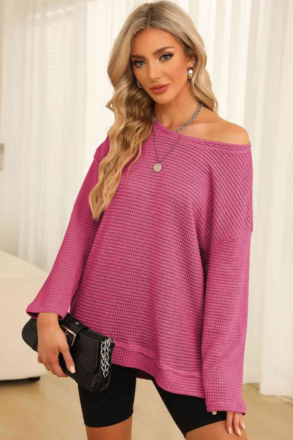 Waffle-Knit Round Neck Long Sleeve Sweatshirt - TRENDMELO