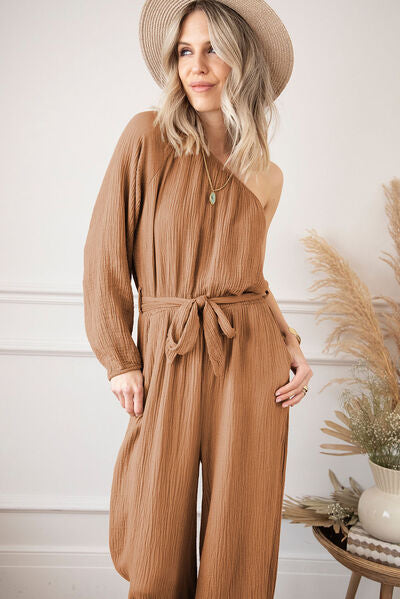 Texture Single Shoulder Tie-Waist Jumpsuit - TRENDMELO