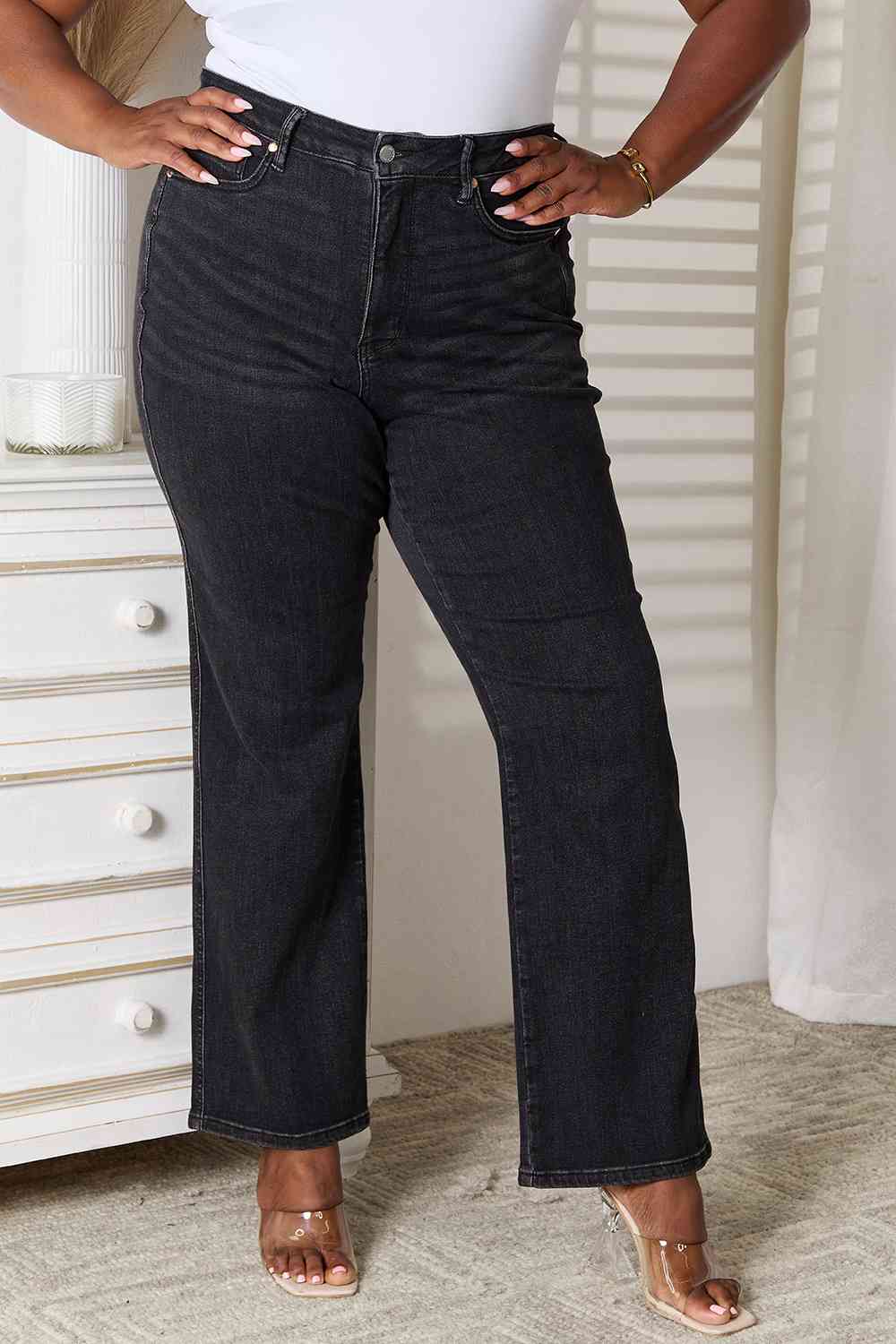 Judy Blue Tummy Control Washed Black Straight - TRENDMELO