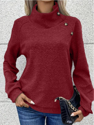 Buttoned Mock Neck Long Sleeve Sweatshirt - TRENDMELO