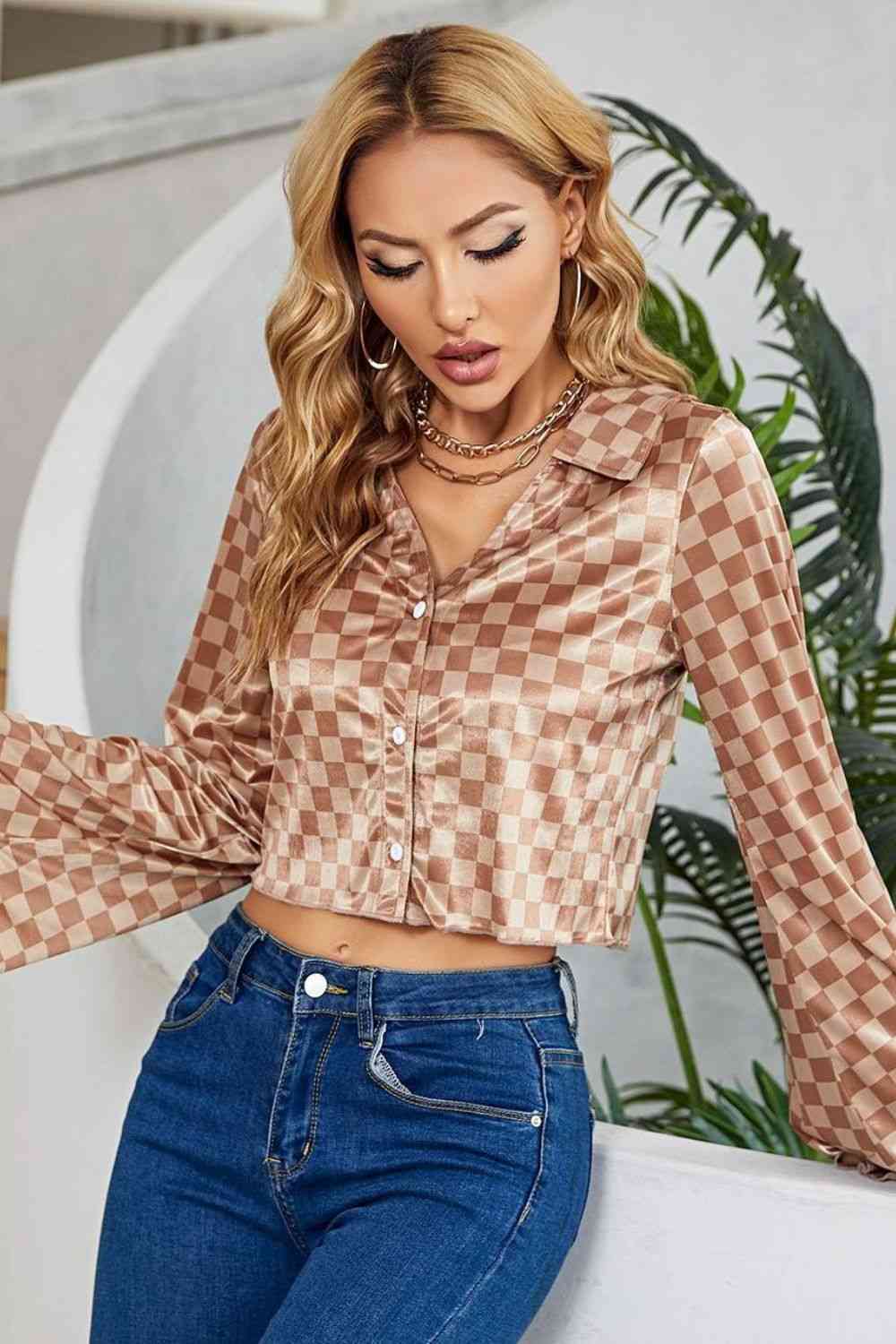 Checkered Johnny Collar Flare Sleeve Cropped Shirt - TRENDMELO