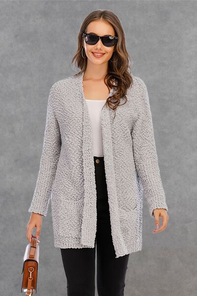 Pocketed Open Front Long Sleeve Cardigan - TRENDMELO