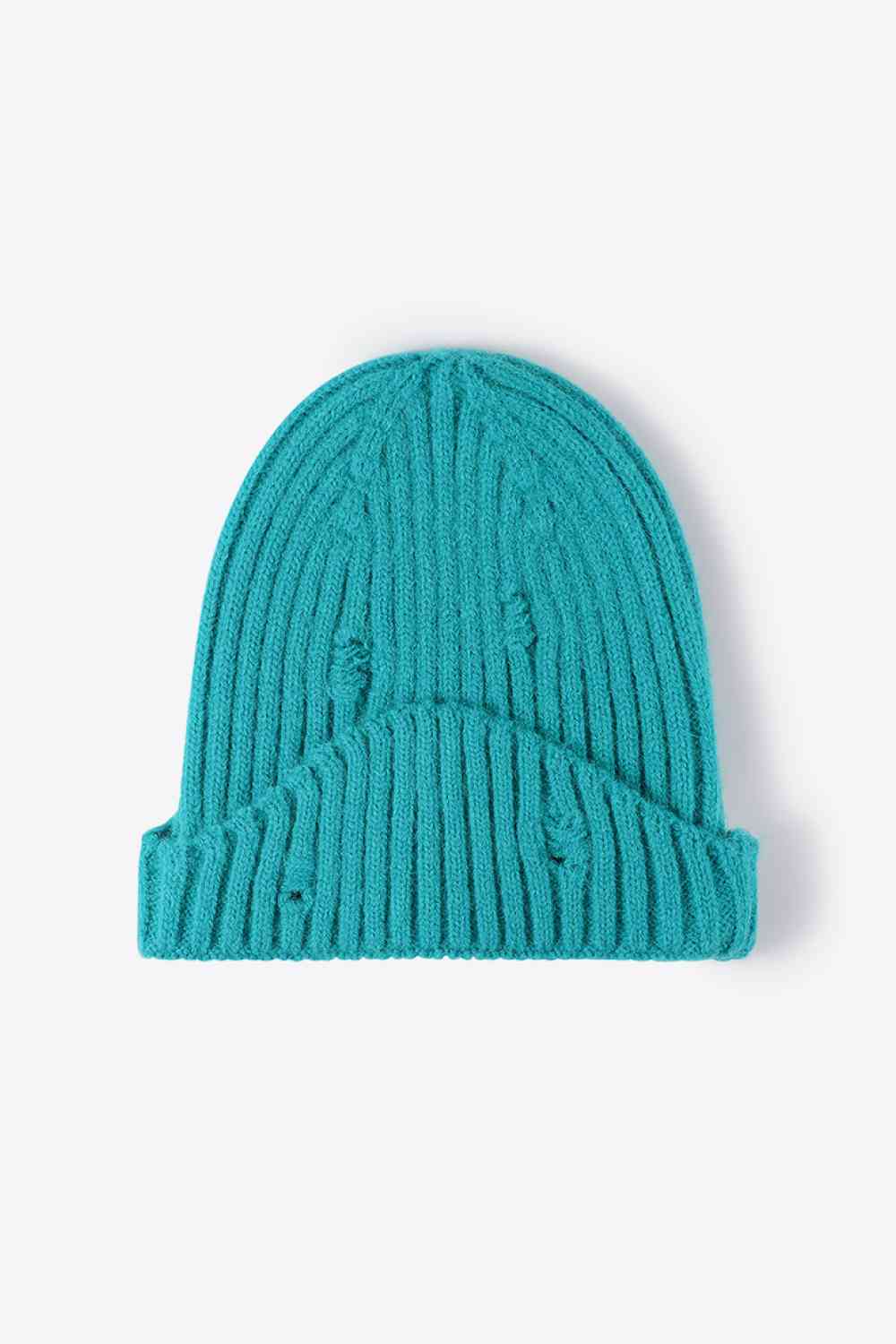 Distressed Rib-Knit Beanie - TRENDMELO