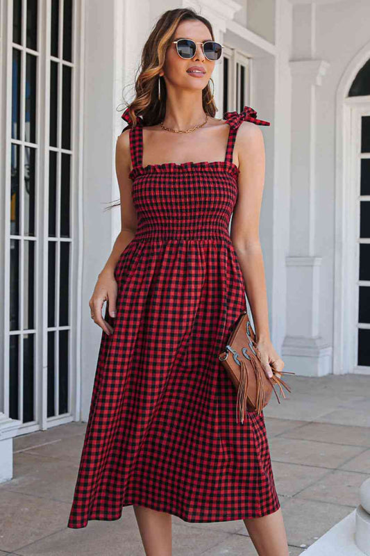 Plaid Frill Trim Tie Shoulder Dress - TRENDMELO