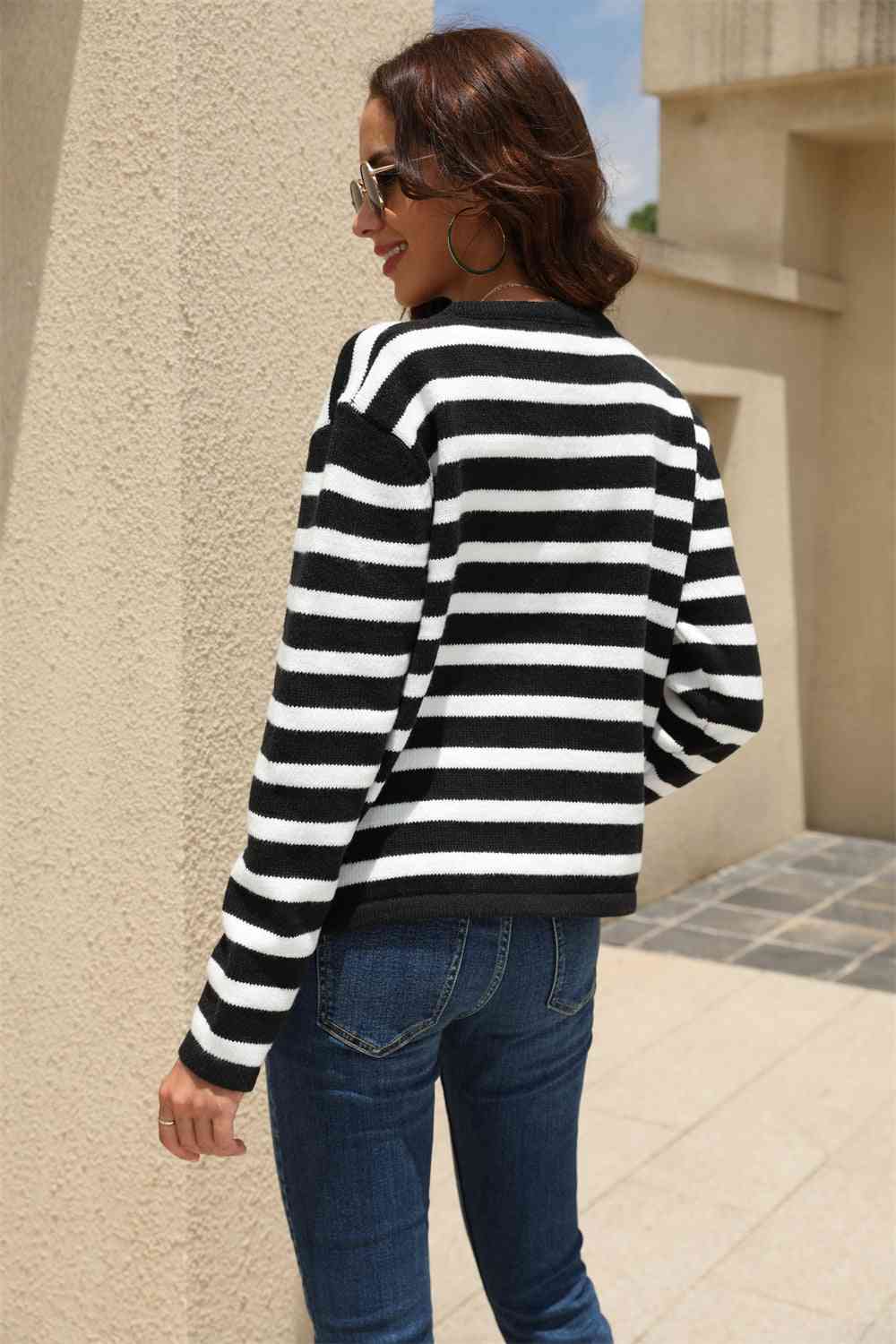 Striped Round Neck Button-Down Dropped Shoulder Cardigan - TRENDMELO